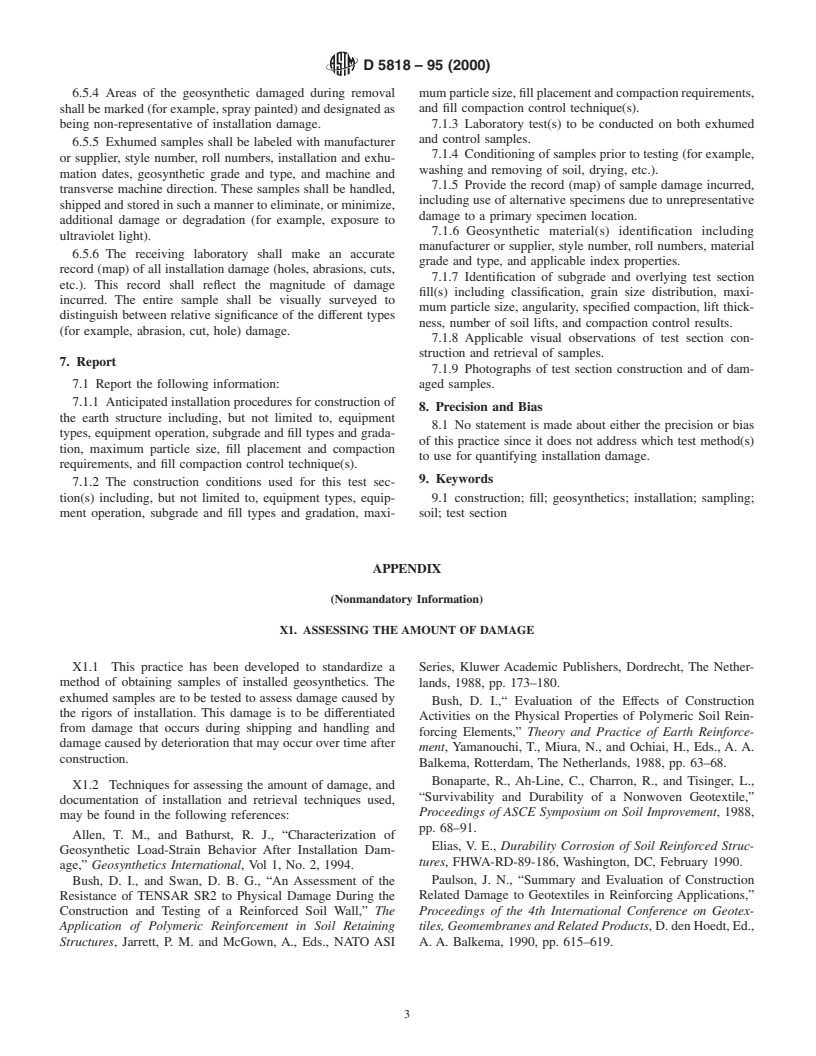 ASTM D5818-95(2000) - Standard Practice for Obtaining Samples of Geosynthetics from a Test Section for Assessment of Installation Damage