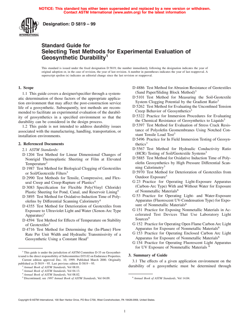 ASTM D5819-99 - Standard Guide for Selecting Test Methods for Experimental Evaluation of Geosynthetic Durability