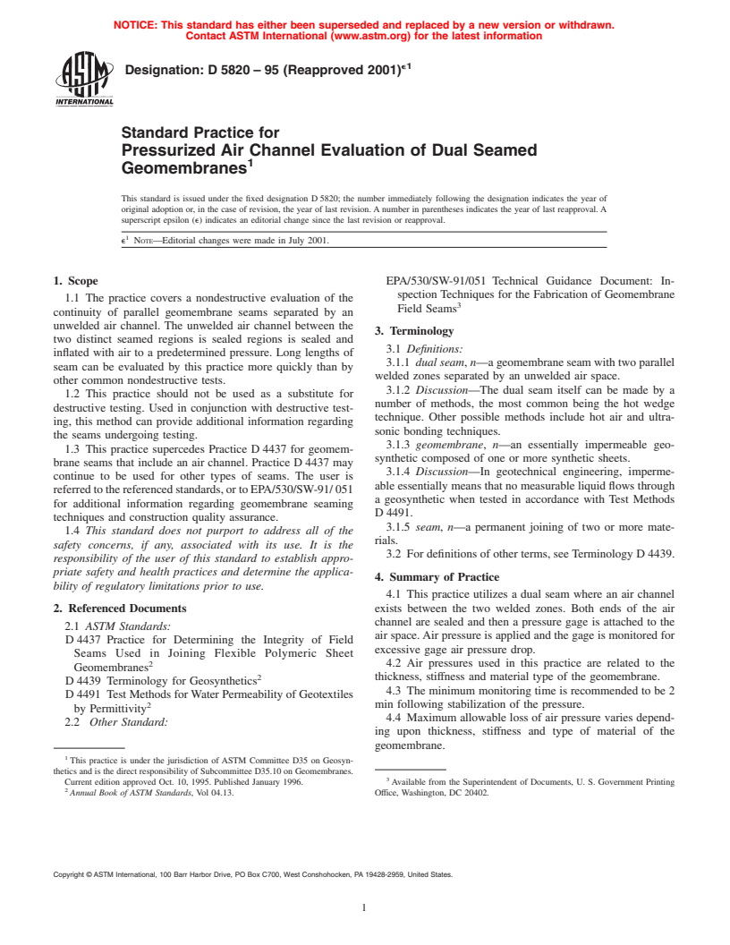 ASTM D5820-95(2001)e1 - Standard Practice for Pressurized Air Channel Evaluation of Dual Seamed Geomembranes