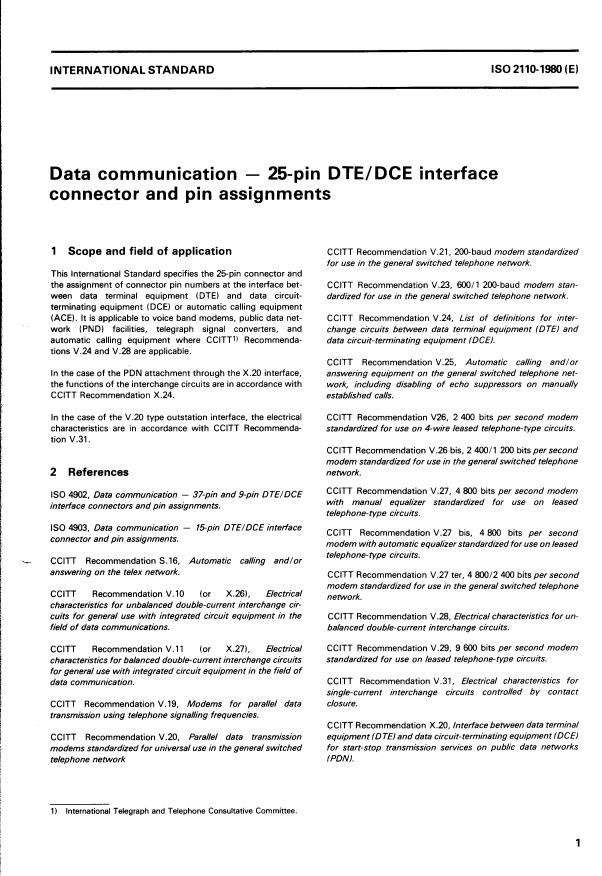 ISO 2110:1980 - Data communication -- 25- pin DTE/DCE interface connector and pin assignments