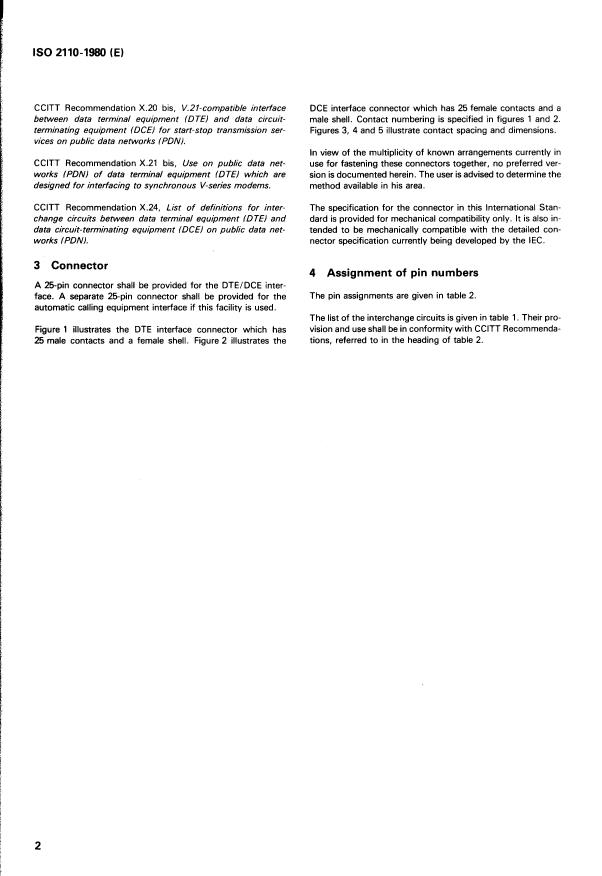 ISO 2110:1980 ISO 2110:1980 - Data communication -- 25- pin DTE/DCE interface connector and pin assignments - Page 4 preview