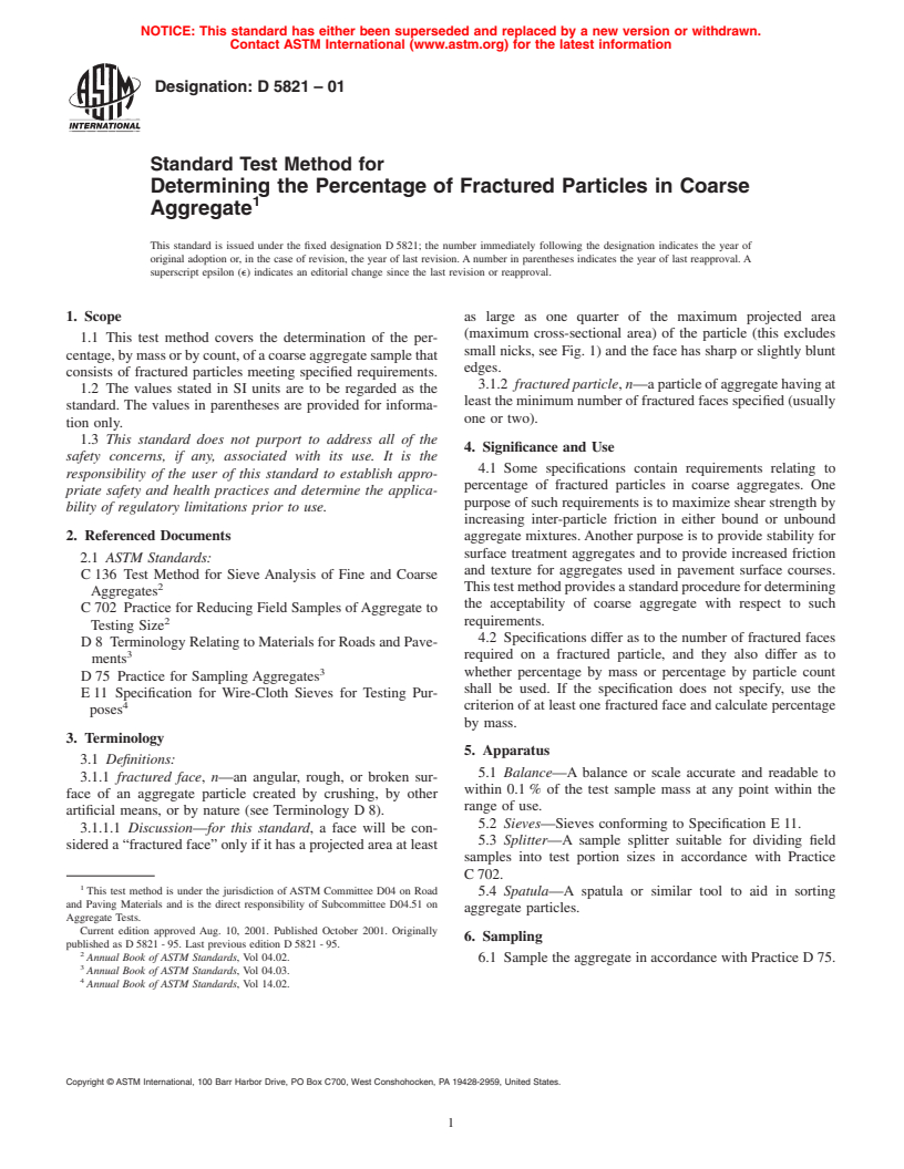 ASTM D5821-01 - Standard Test Method for Determining the Percentage of Fractured Particles in Coarse Aggregate