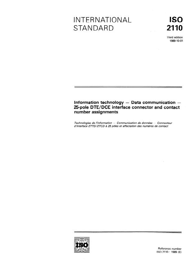 ISO 2110:1989 - Information technology -- Data communication -- 25-pole DTE/DCE interface connector and contact number assignments