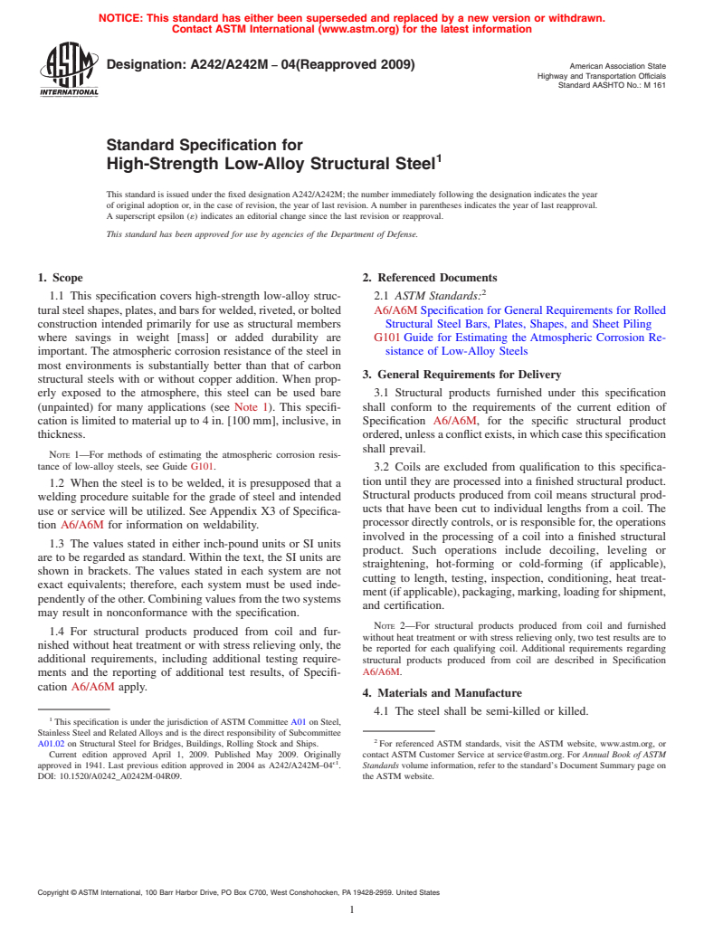 ASTM A242/A242M-04(2009) - Standard Specification for High-Strength Low-Alloy Structural Steel
