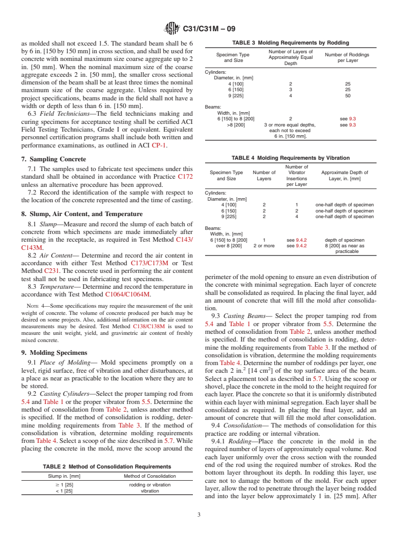 ASTM C31/C31M-09 - Standard Practice for Making and Curing Concrete Test Specimens in the Field