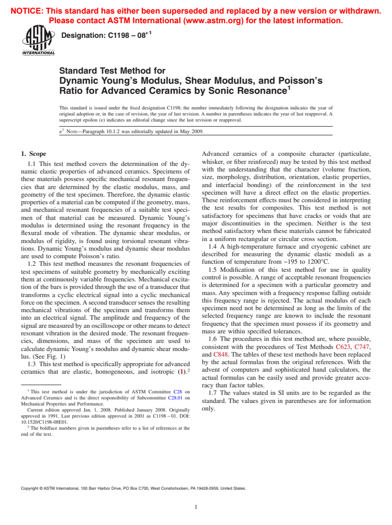 ASTM C1198-08e1 - Standard Test Method for Dynamic Young's Modulus, Shear Modulus, and Poisson's Ratio for Advanced Ceramics by Sonic Resonance