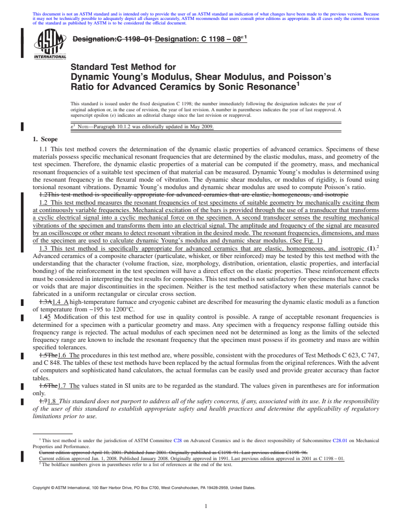 REDLINE ASTM C1198-08e1 - Standard Test Method for Dynamic Young's Modulus, Shear Modulus, and Poisson's Ratio for Advanced Ceramics by Sonic Resonance