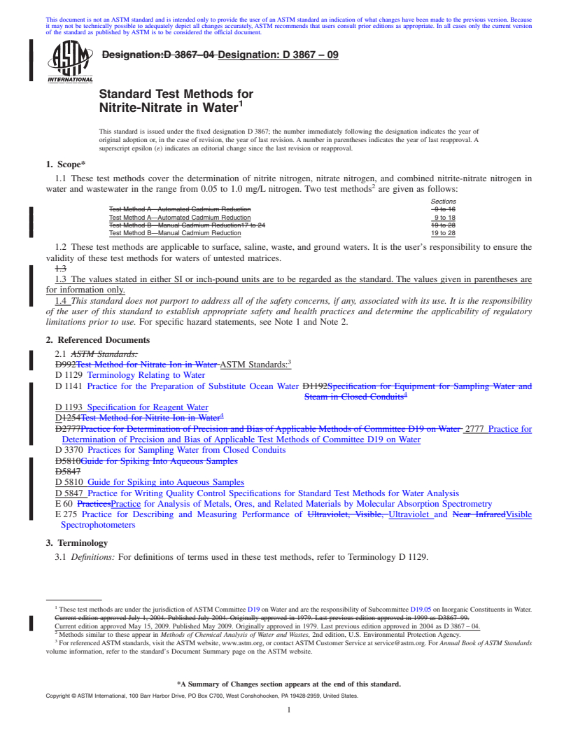 REDLINE ASTM D3867-09 - Standard Test Methods for  Nitrite-Nitrate in Water