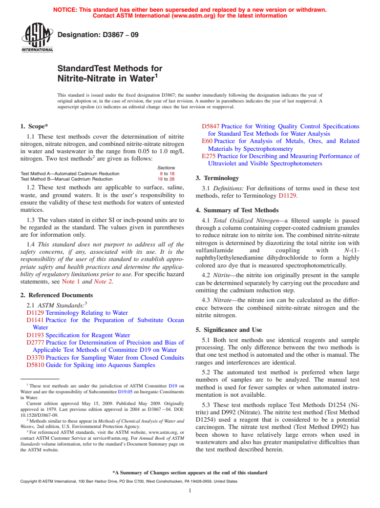 ASTM D3867-09 - Standard Test Methods for  Nitrite-Nitrate in Water