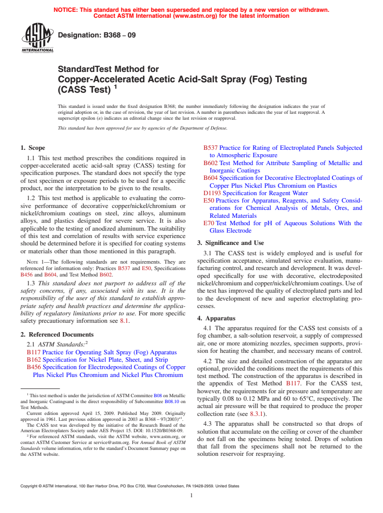 ASTM B368-09 - Standard Test Method for  Copper-Accelerated Acetic Acid-Salt Spray (Fog) Testing (CASS Test)