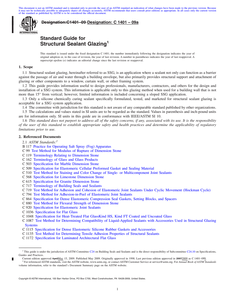 REDLINE ASTM C1401-09a - Standard Guide for Structural Sealant Glazing