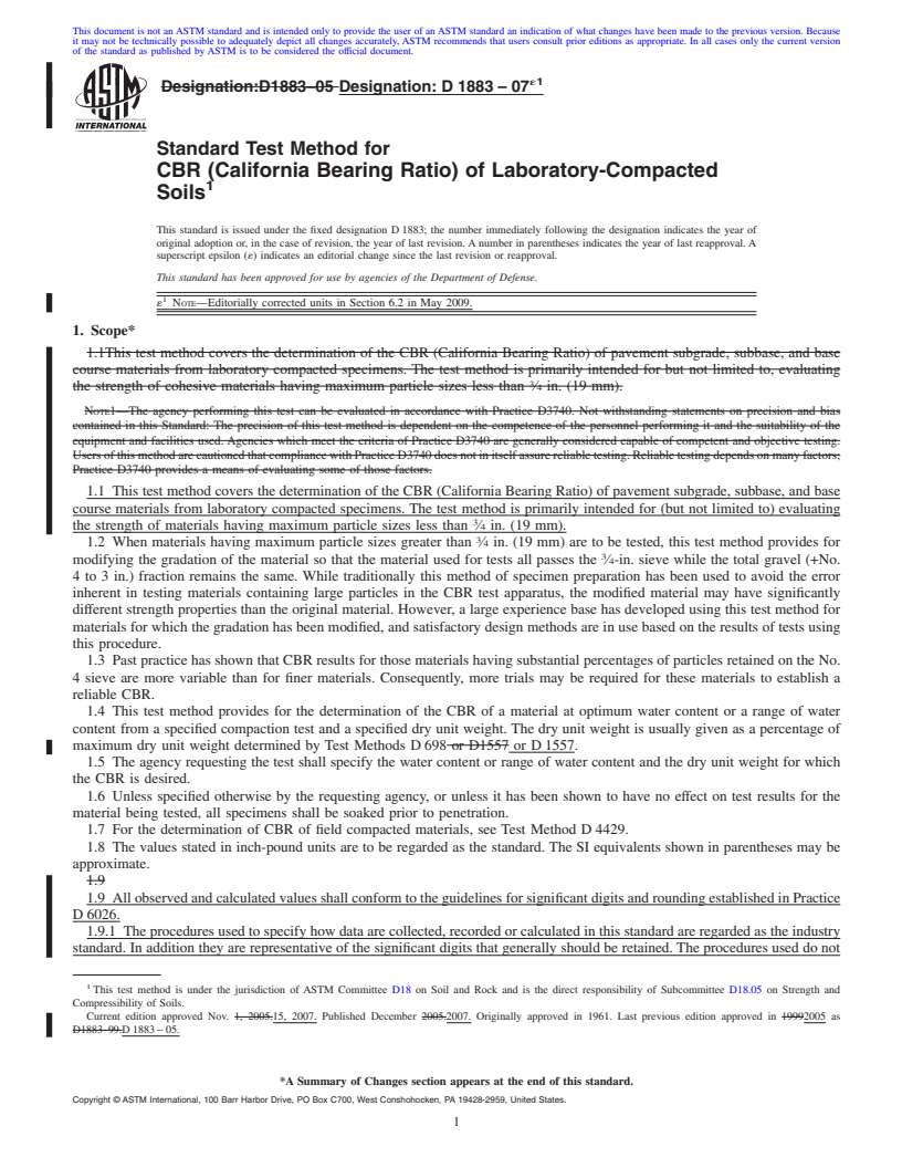REDLINE ASTM D1883-07e1 - Standard Test Method for  CBR (California Bearing Ratio) of Laboratory-Compacted Soils