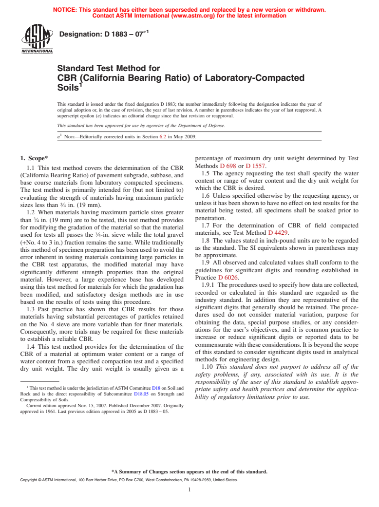 ASTM D1883-07e1 - Standard Test Method for  CBR (California Bearing Ratio) of Laboratory-Compacted Soils