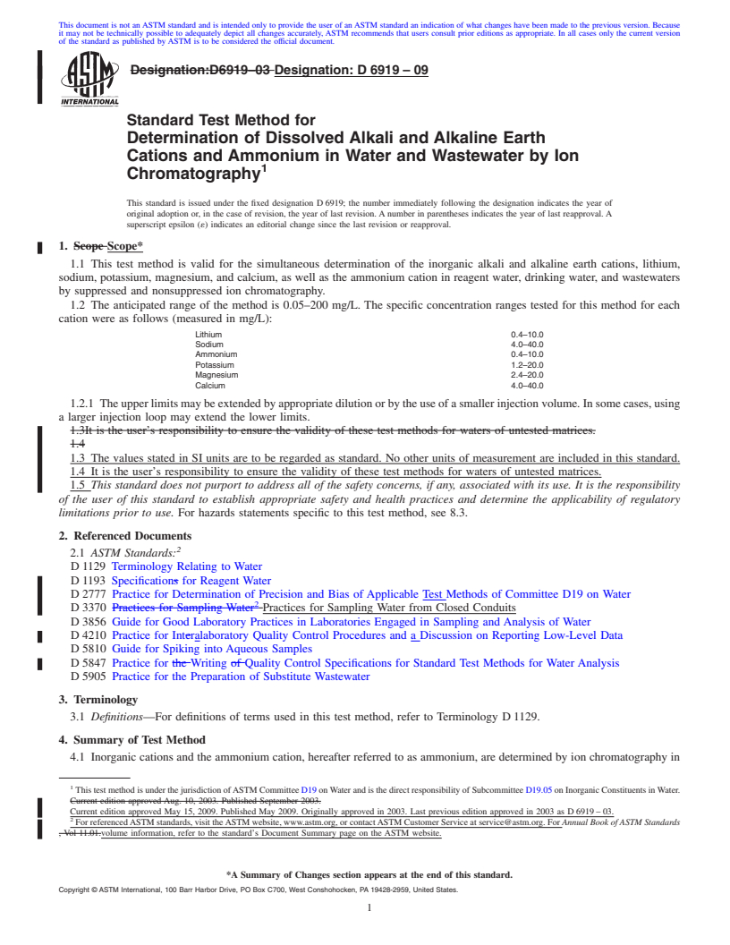 REDLINE ASTM D6919-09 - Standard Test Method for Determination of Dissolved Alkali and Alkaline Earth Cations and Ammonium in Water and Wastewater by Ion Chromatography