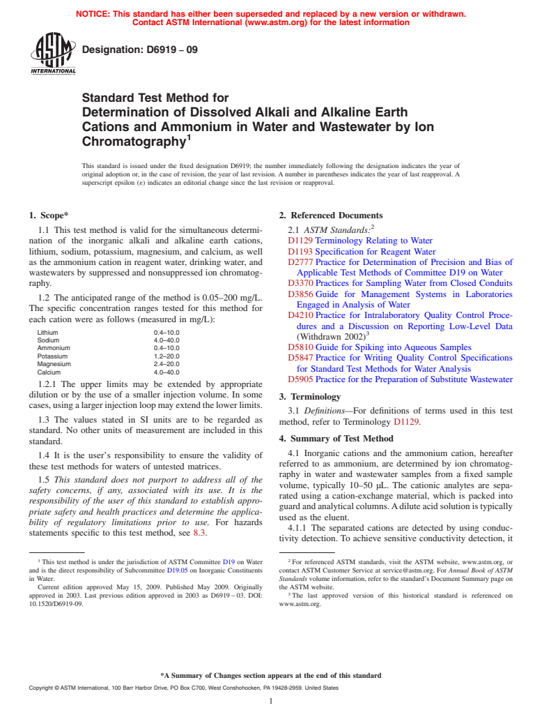 ASTM D6919-09 - Standard Test Method for Determination of Dissolved Alkali and Alkaline Earth Cations and Ammonium in Water and Wastewater by Ion Chromatography