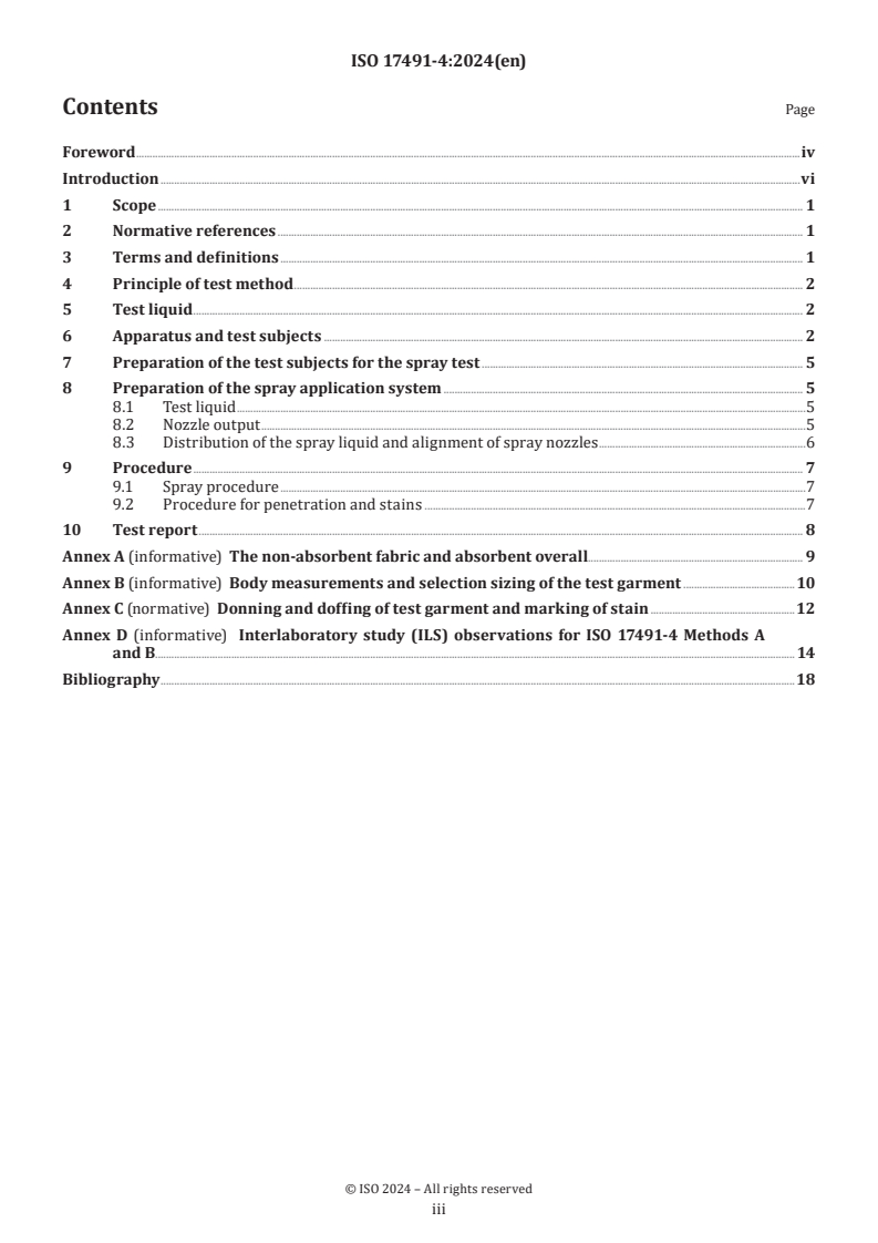 ISO 17491-4:2024 - Protective clothing — Test methods for clothing providing protection against chemicals — Part 4: Determination of resistance to penetration by a spray of liquid (spray test)
Released:31. 05. 2024