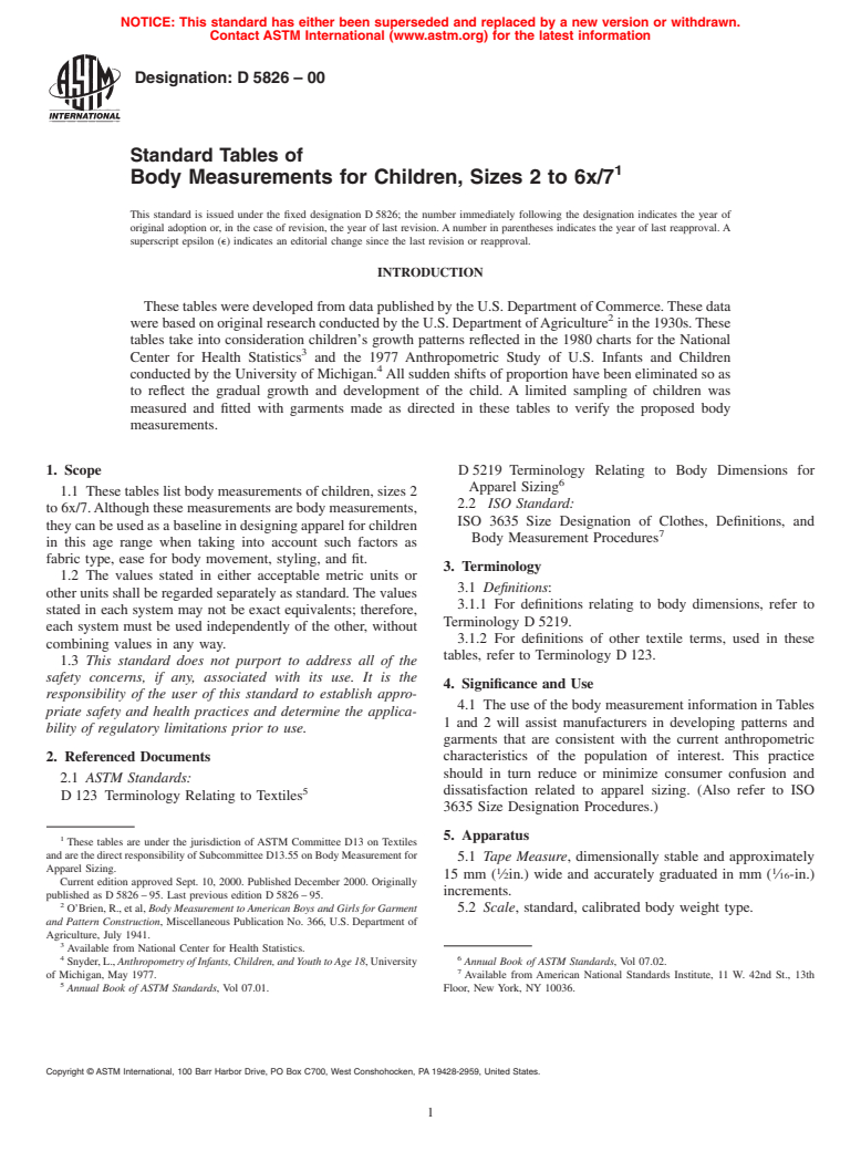 ASTM D5826-00 - Standard Tables of Body Measurements for Children, Sizes 2 to 6x/7 (Withdrawn 2009)