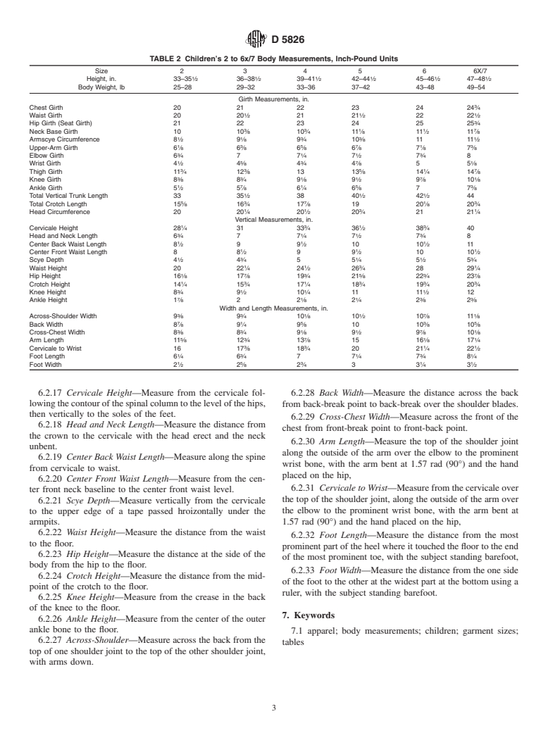 ASTM D5826-00 - Standard Tables of Body Measurements for Children, Sizes 2 to 6x/7 (Withdrawn 2009)