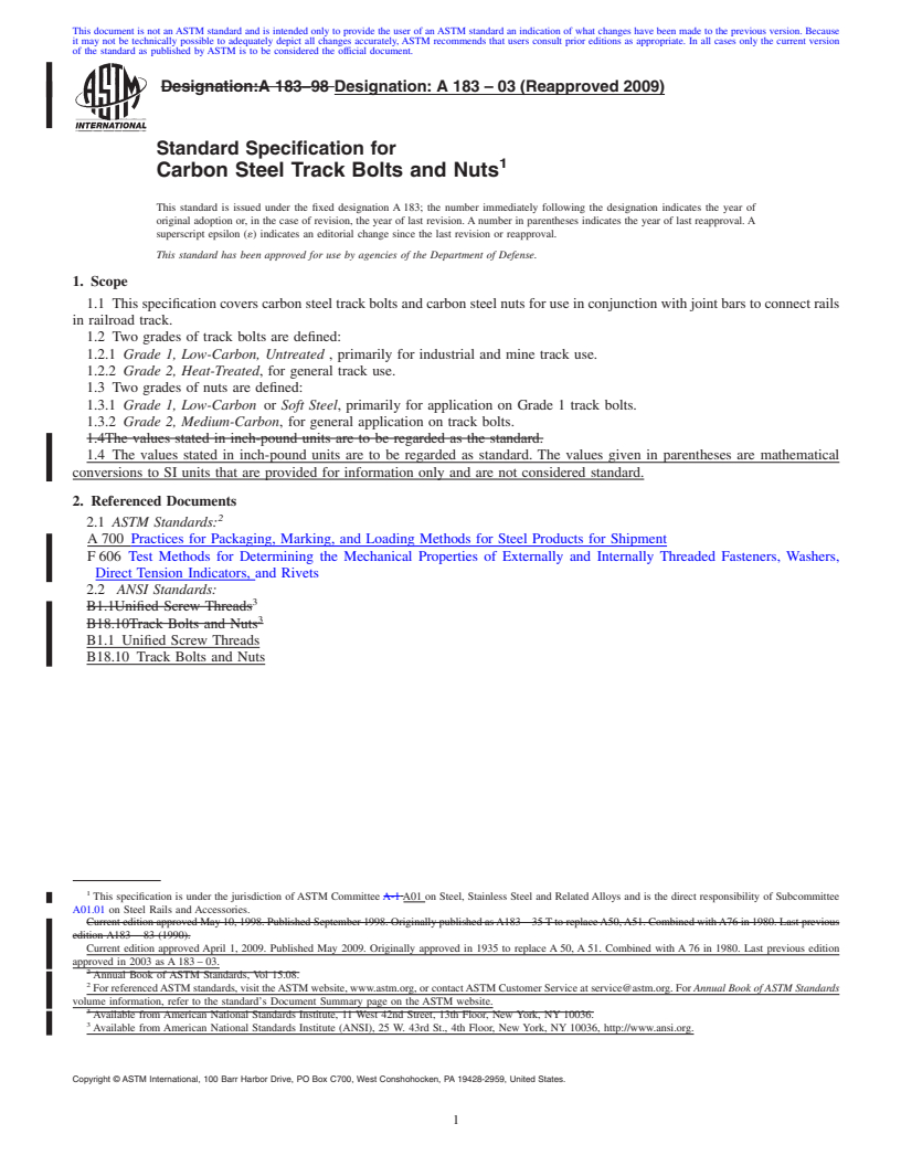 REDLINE ASTM A183-03(2009) - Standard Specification for Carbon Steel Track Bolts and Nuts