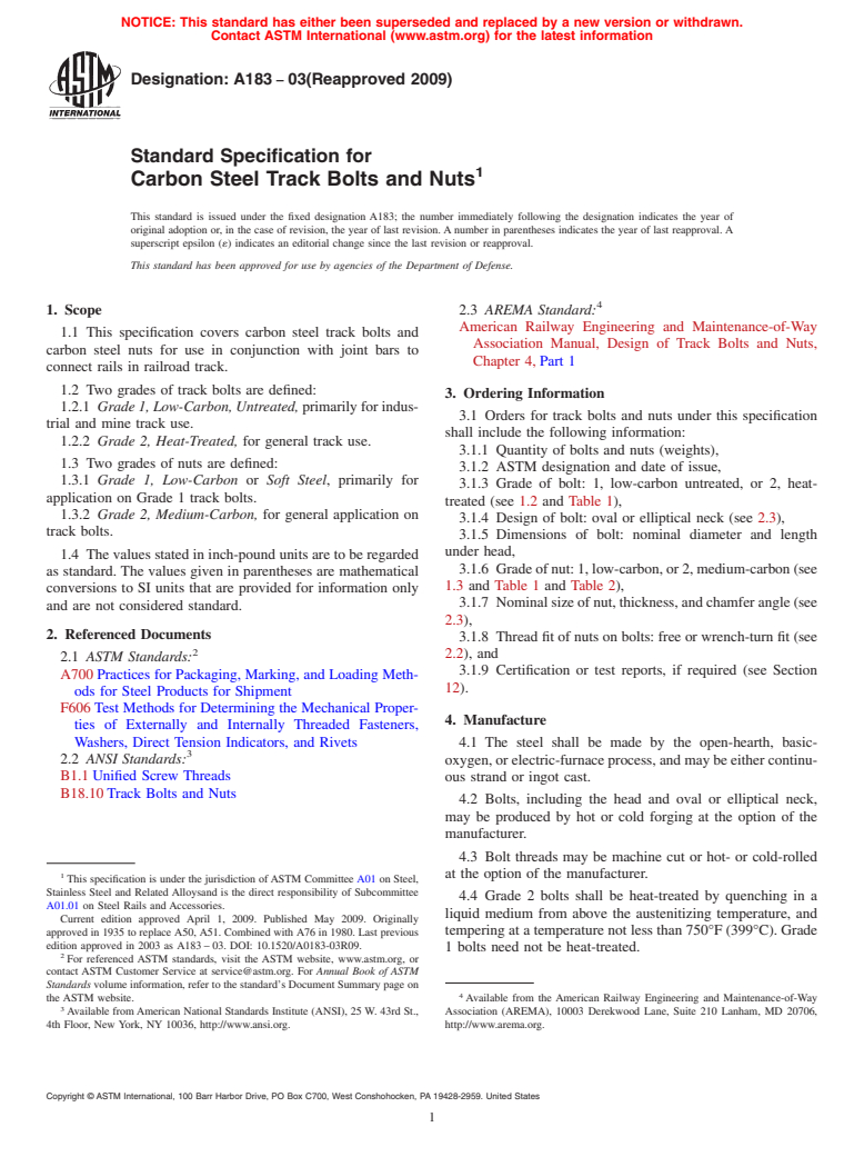 ASTM A183-03(2009) - Standard Specification for Carbon Steel Track Bolts and Nuts