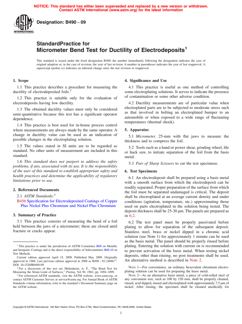 ASTM B490-09 - Standard Practice for Micrometer Bend Test for Ductility of Electrodeposits