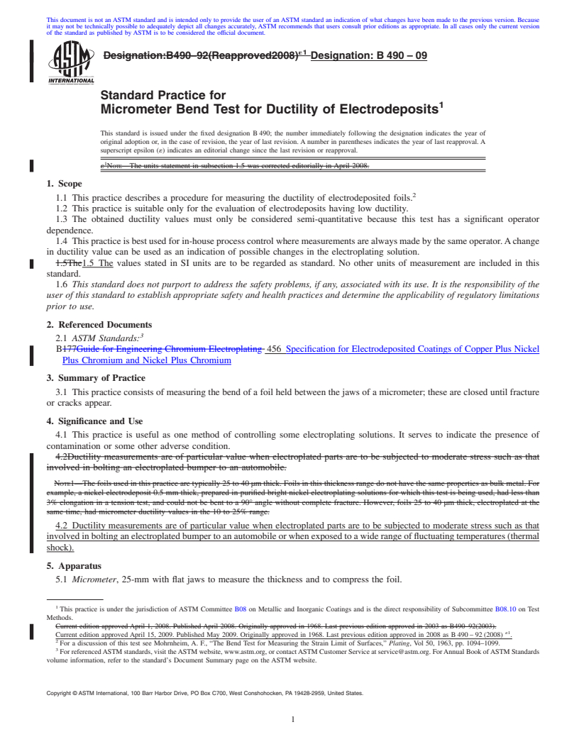 REDLINE ASTM B490-09 - Standard Practice for Micrometer Bend Test for Ductility of Electrodeposits