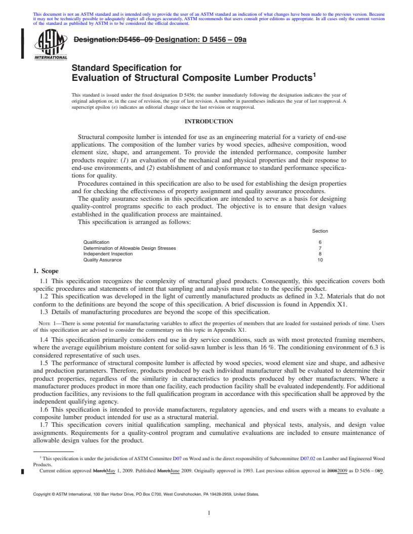 REDLINE ASTM D5456-09a - Standard Specification for Evaluation of Structural Composite Lumber Products