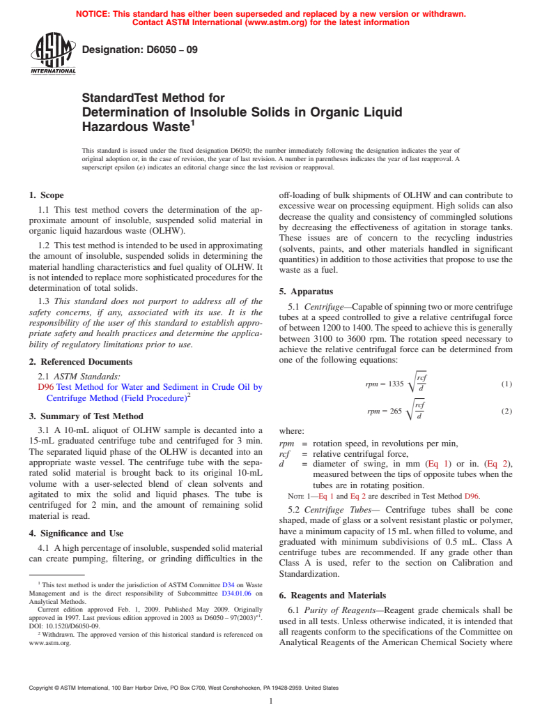 ASTM D6050-09 - Standard Test Method for Determination of Insoluble Solids in Organic Liquid Hazardous Waste