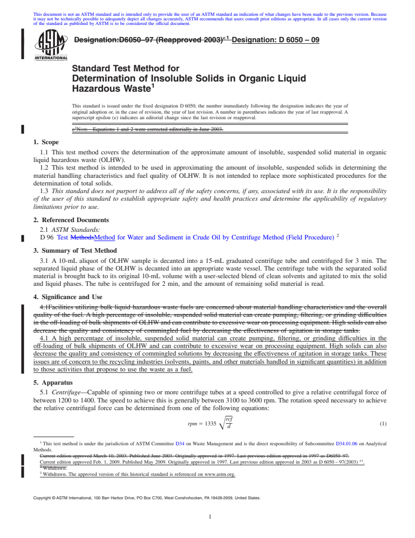 REDLINE ASTM D6050-09 - Standard Test Method for Determination of Insoluble Solids in Organic Liquid Hazardous Waste