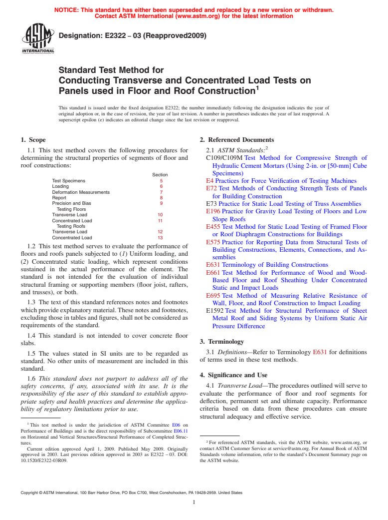 ASTM E2322-03(2009) - Standard Test Method for Conducting Traverse and Concentrated Load Tests on Panels used in Floor and Roof Construction