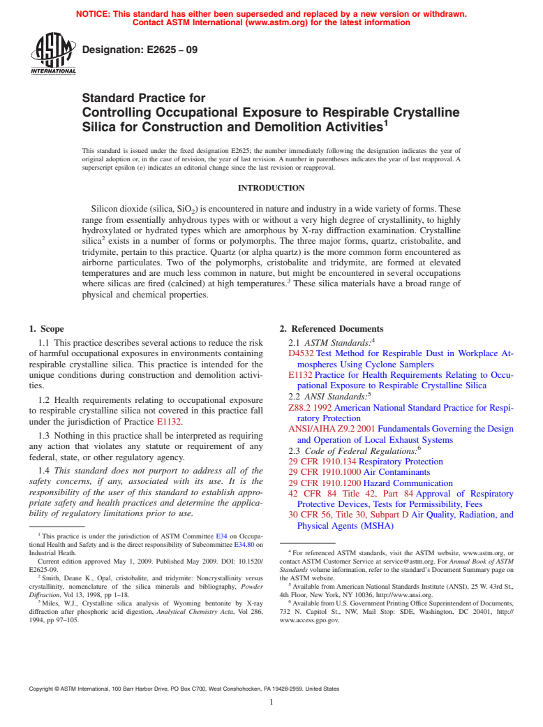 ASTM E2625-09 - Standard Practice for Controlling Occupational Exposure to Respirable Crystalline Silica for Construction and Demolition Activities