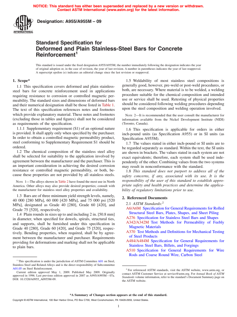 ASTM A955/A955M-09 - Standard Specification for Deformed and Plain Stainless-Steel Bars for Concrete Reinforcement