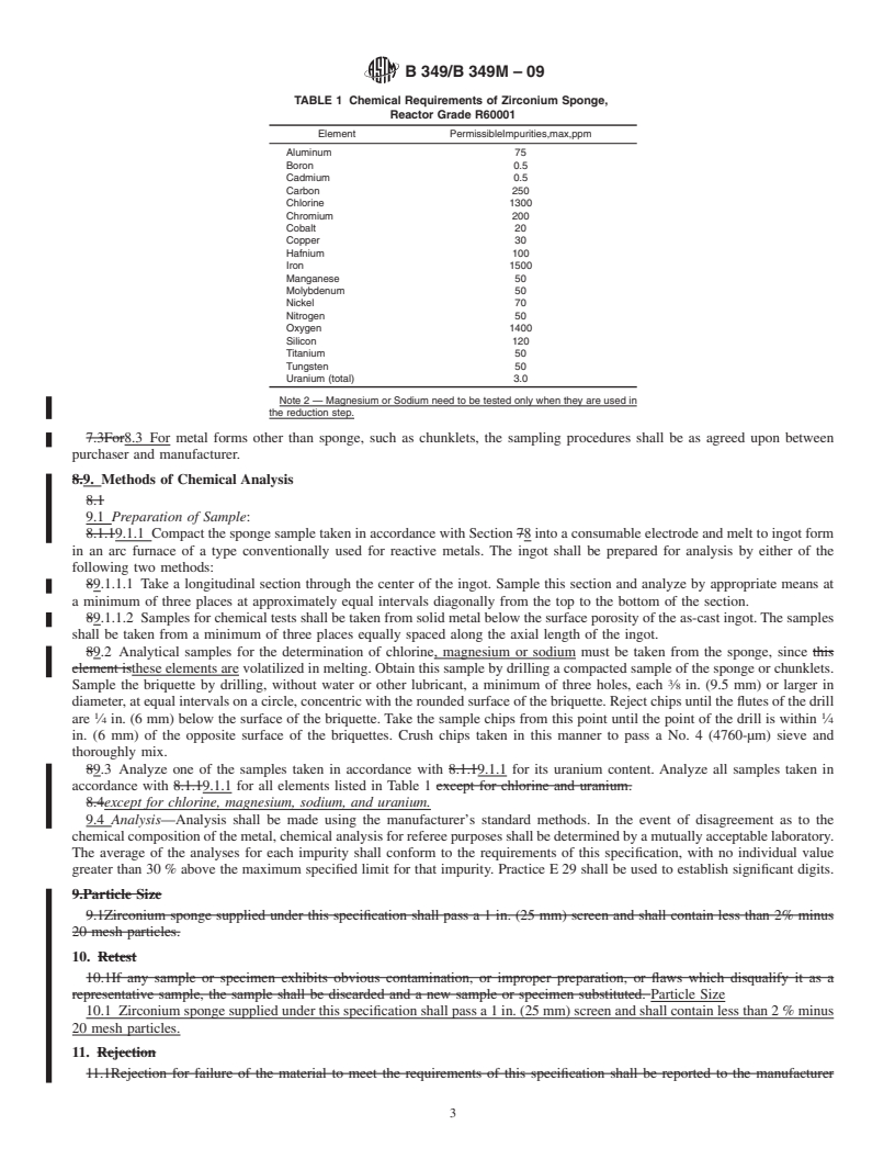 REDLINE ASTM B349/B349M-09 - Standard Specification for Zirconium Sponge and Other Forms of Virgin Metal for Nuclear Application