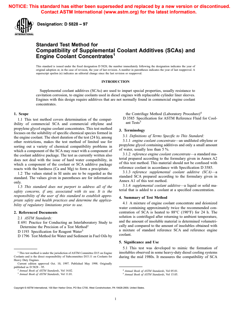 ASTM D5828-97 - Standard Test Method for Compatibility of Supplemental Coolant Additives (SCAs) and Engine Coolant Concentrates