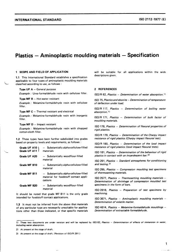 ISO 2112:1977 - Plastics -- Aminoplastic moulding materials -- Specification