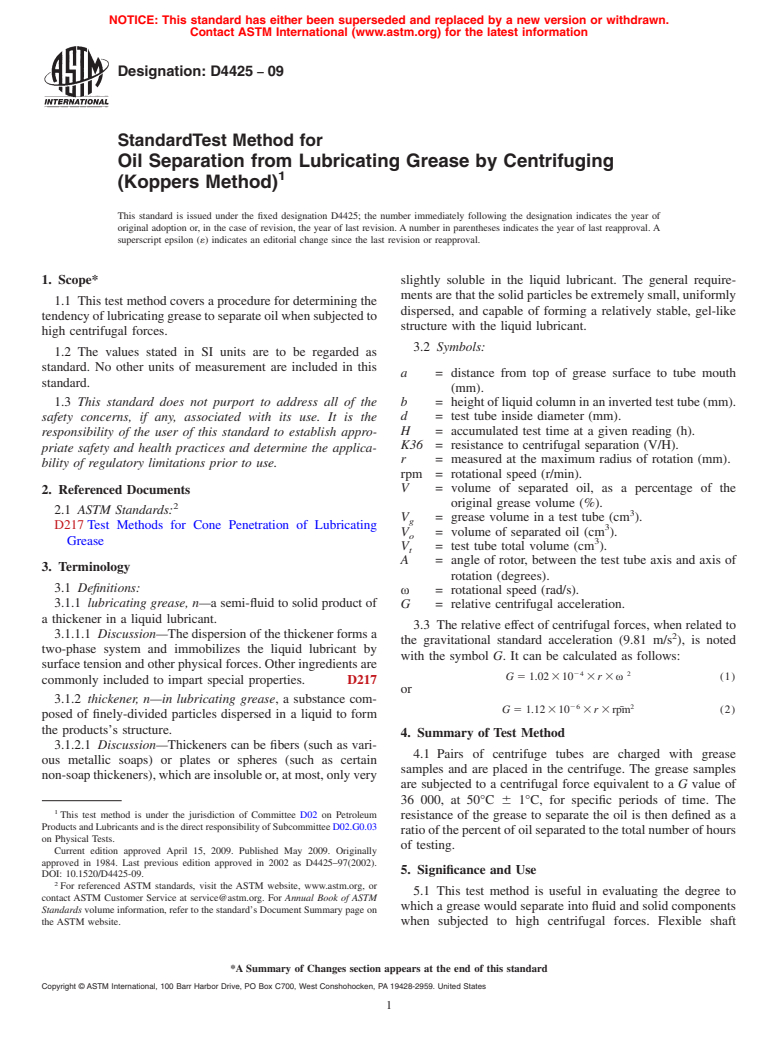 ASTM D4425-09 - Standard Test Method for Oil Separation From Lubricating Grease by Centrifuging (Koppers Method)