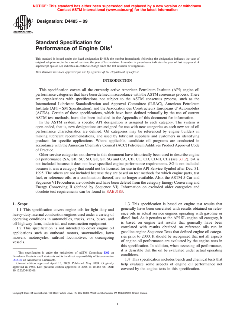 ASTM D4485-09 - Standard Specification for Performance of Engine Oils