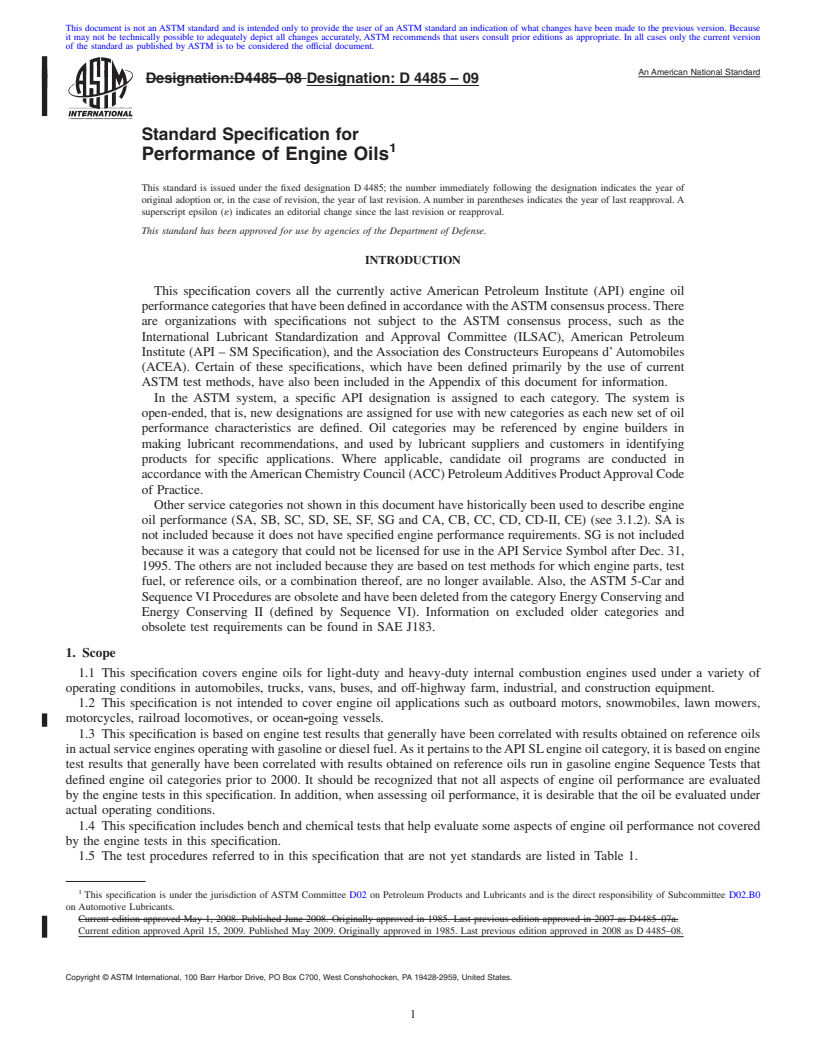 REDLINE ASTM D4485-09 - Standard Specification for Performance of Engine Oils