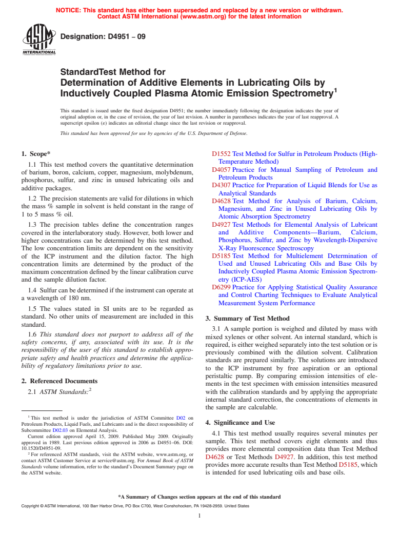 ASTM D4951-09 - Standard Test Method for Determination of Additive Elements in Lubricating Oils by Inductively Coupled Plasma Atomic Emission Spectrometry