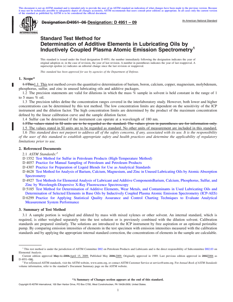 REDLINE ASTM D4951-09 - Standard Test Method for Determination of Additive Elements in Lubricating Oils by Inductively Coupled Plasma Atomic Emission Spectrometry