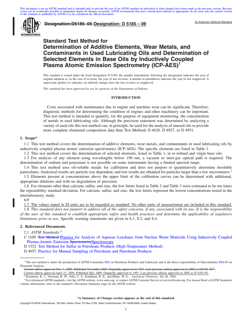 REDLINE ASTM D5185-09 - Standard Test Method for Determination of Additive Elements, Wear Metals, and Contaminants in Used Lubricating Oils and Determination of Selected Elements in Base Oils by Inductively Coupled Plasma Atomic Emission Spectrometry (ICP-AES)
