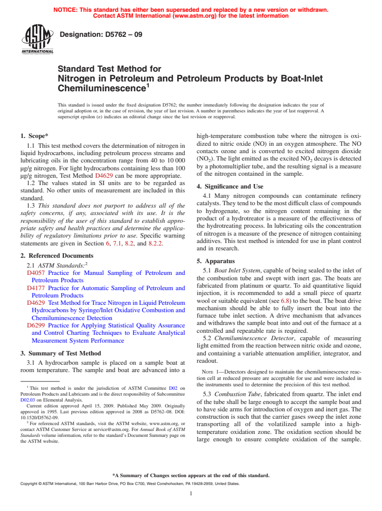 ASTM D5762-09 - Standard Test Method for Nitrogen in Petroleum and Petroleum Products by Boat-Inlet Chemiluminescence