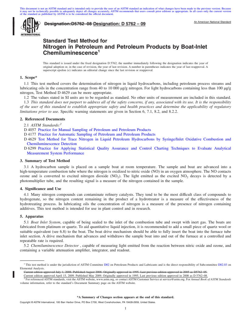 REDLINE ASTM D5762-09 - Standard Test Method for Nitrogen in Petroleum and Petroleum Products by Boat-Inlet Chemiluminescence