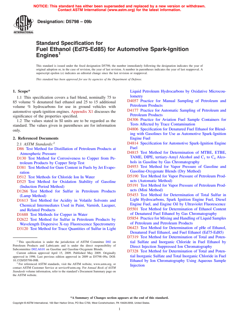 ASTM D5798-09B - Standard Specification For Fuel Ethanol (Ed75-Ed85 ...