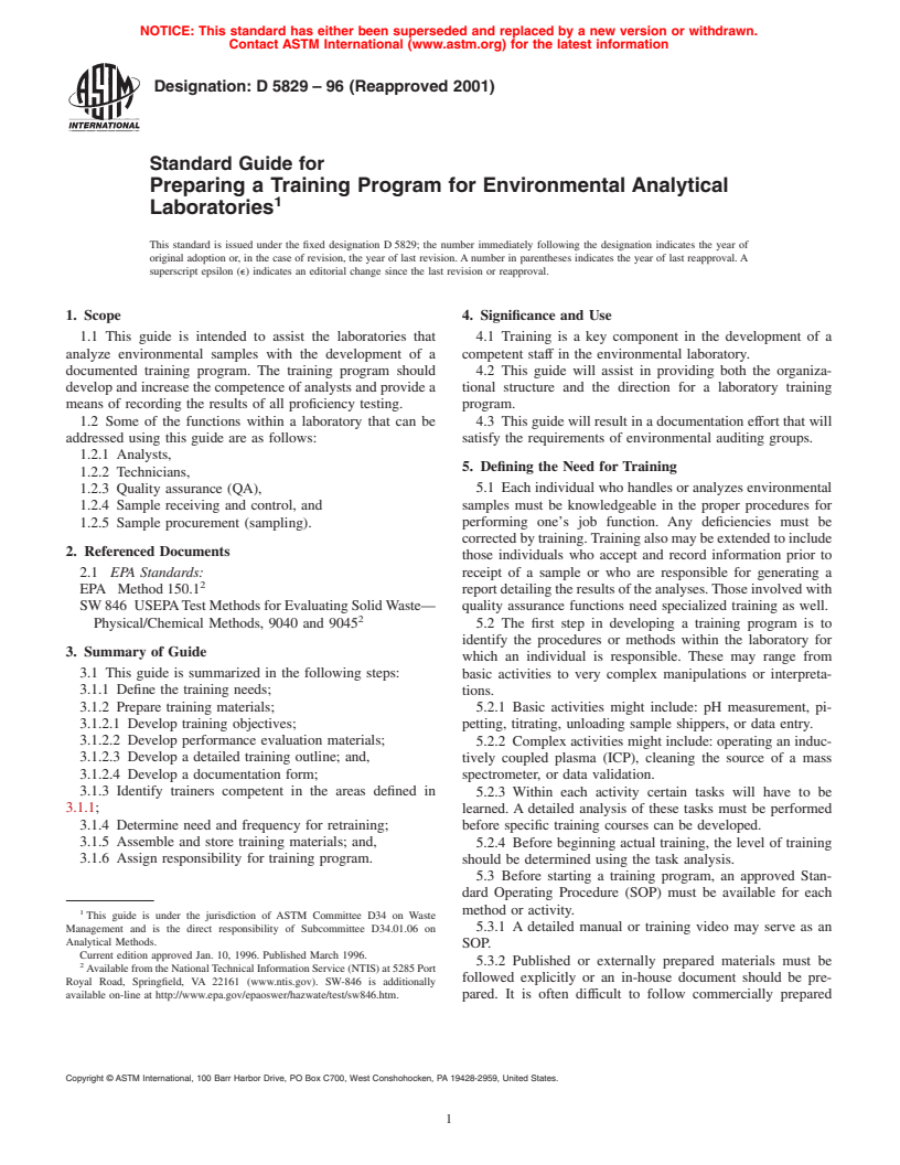 ASTM D5829-96(2001) - Standard Guide for Preparing a Training Program for Environmental Analytical Laboratories