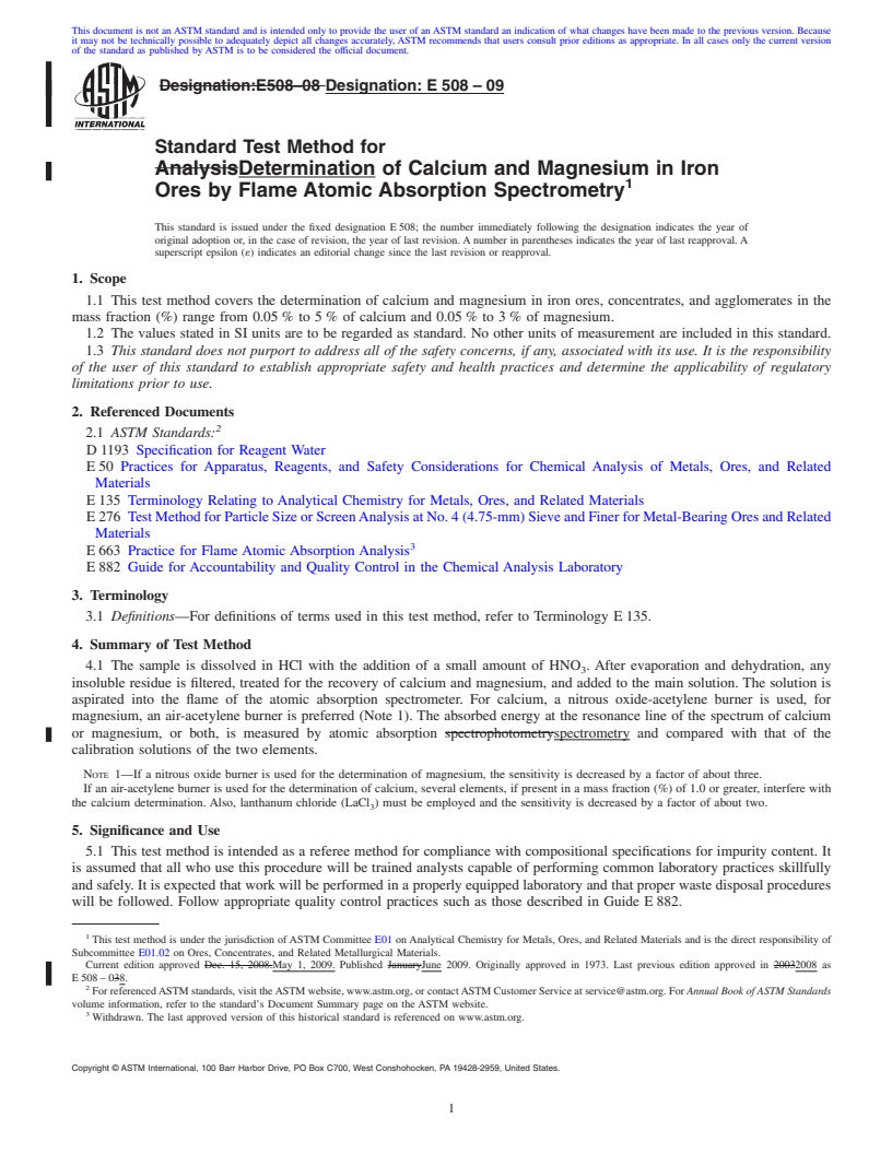 REDLINE ASTM E508-09 - Standard Test Method for  Determination of Calcium and Magnesium in Iron Ores by Flame Atomic Absorption Spectrometry