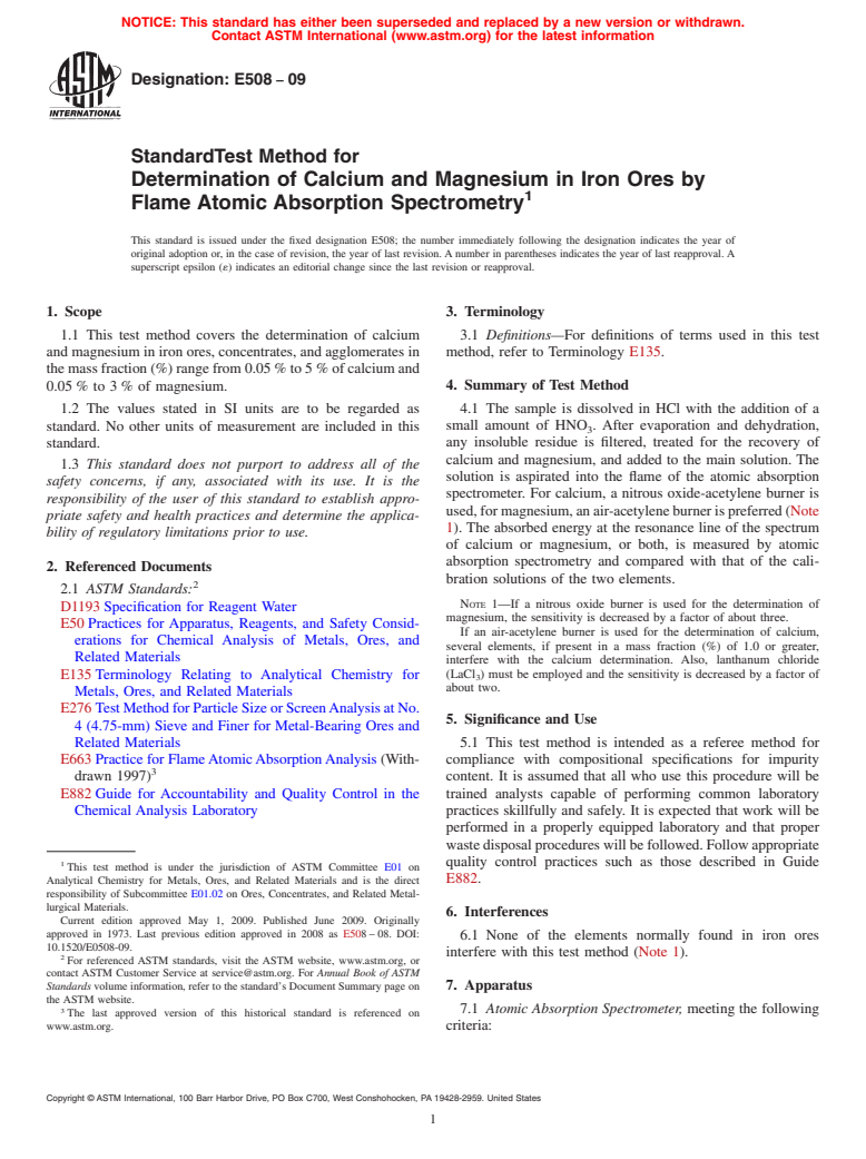 ASTM E508-09 - Standard Test Method for  Determination of Calcium and Magnesium in Iron Ores by Flame Atomic Absorption Spectrometry