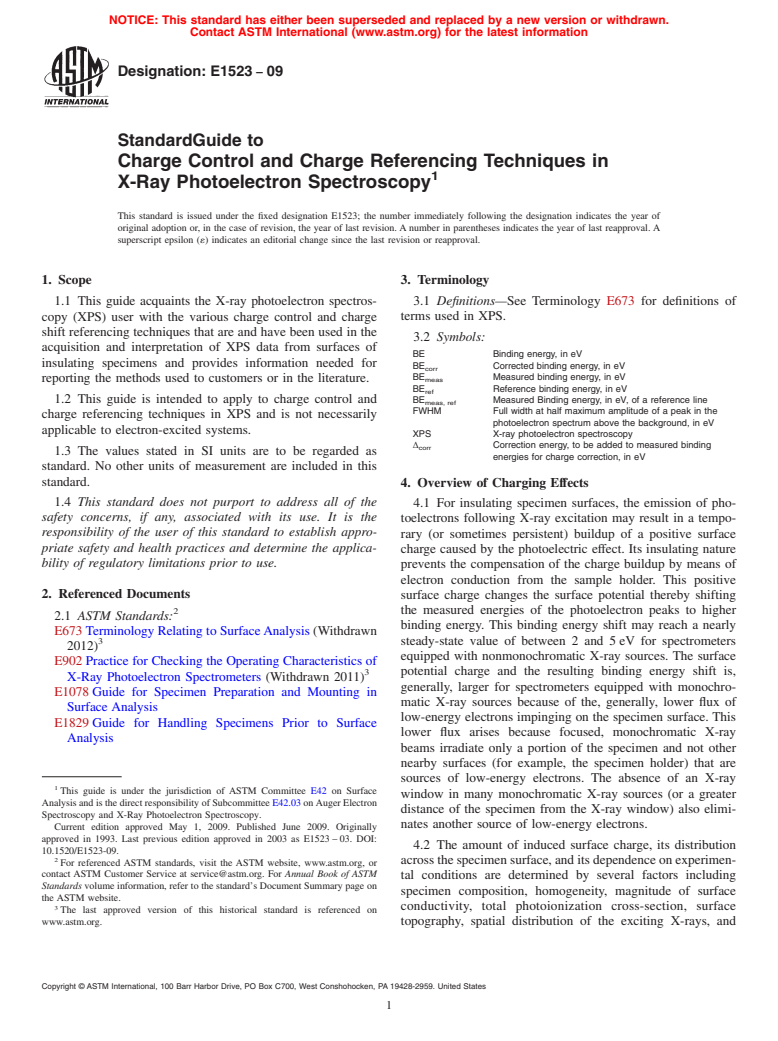 ASTM E1523-09 - Standard Guide to Charge Control and Charge Referencing Techniques in X-Ray Photoelectron Spectroscopy