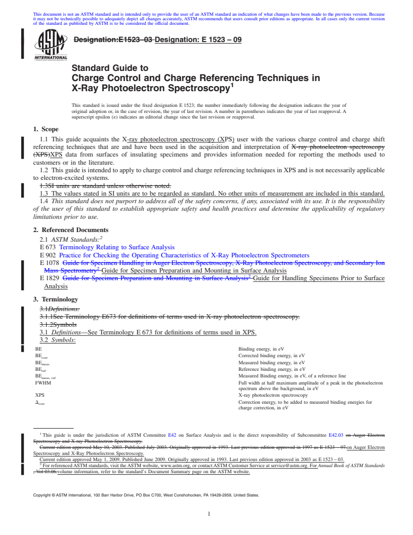 REDLINE ASTM E1523-09 - Standard Guide to Charge Control and Charge Referencing Techniques in X-Ray Photoelectron Spectroscopy