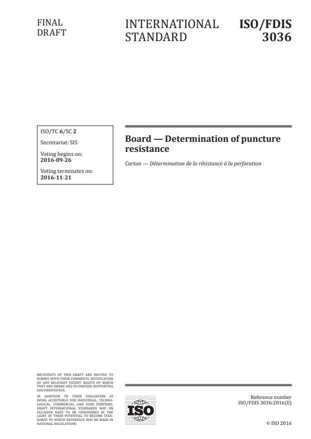 ISO/FDIS 3036 - Board -- Determination of puncture resistance